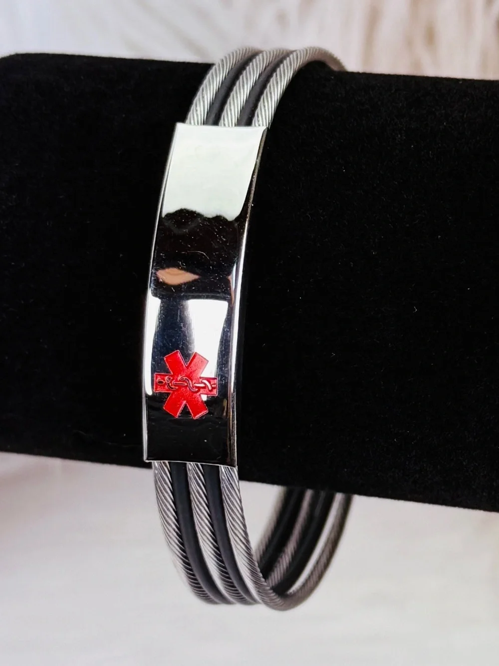 Stainless Steel Silvertone Black Unisex Medical Alert ID Bracelet
